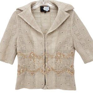Cynthia Rose Beige Semi Sheer Lace Top Blouse Size SMALL Embroidered Rhinestone